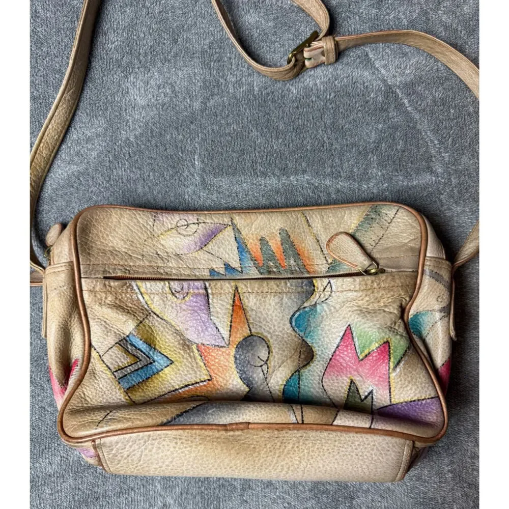 Magnifique Abstract Hand Painted Leather Crossbody Bag Beige Vintage Purse